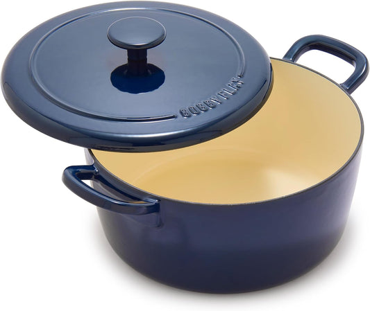 GreenPan x Bobby Flay 5.5QT Enameled Cast Iron Round Dutch Oven with Lid, Dual Handles, Oven Safe to 500F & Induction Suitable, Self Basting Lid, Ultra-Durable, Sear, Braising, Bread, Stews, Cobalt