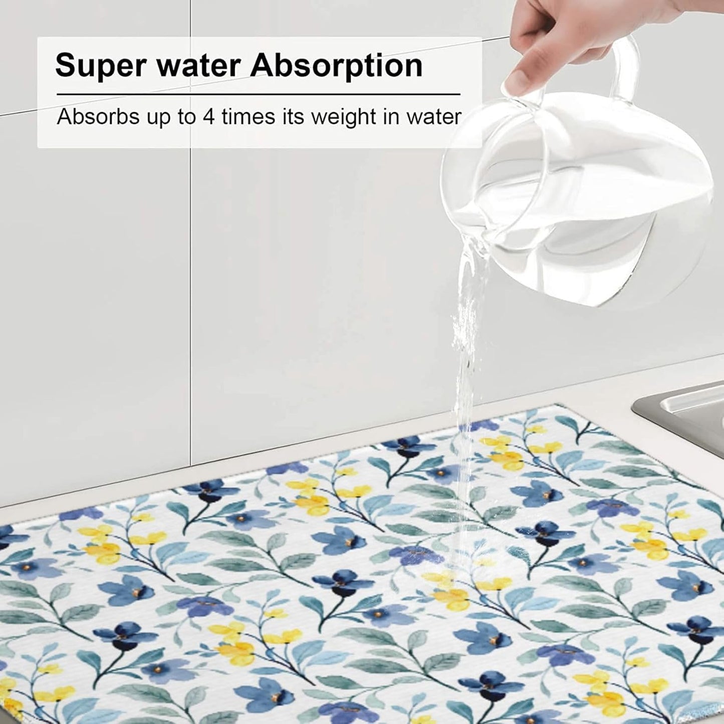 Floral Dish Drying Mat 18x24 for Kitchen Counter, Blue Yellow Flower Decorative Absorbent Coffee Mat Dish Drying Pad Coffee Bar Dish Drainer Rack Mat Drainer Mat