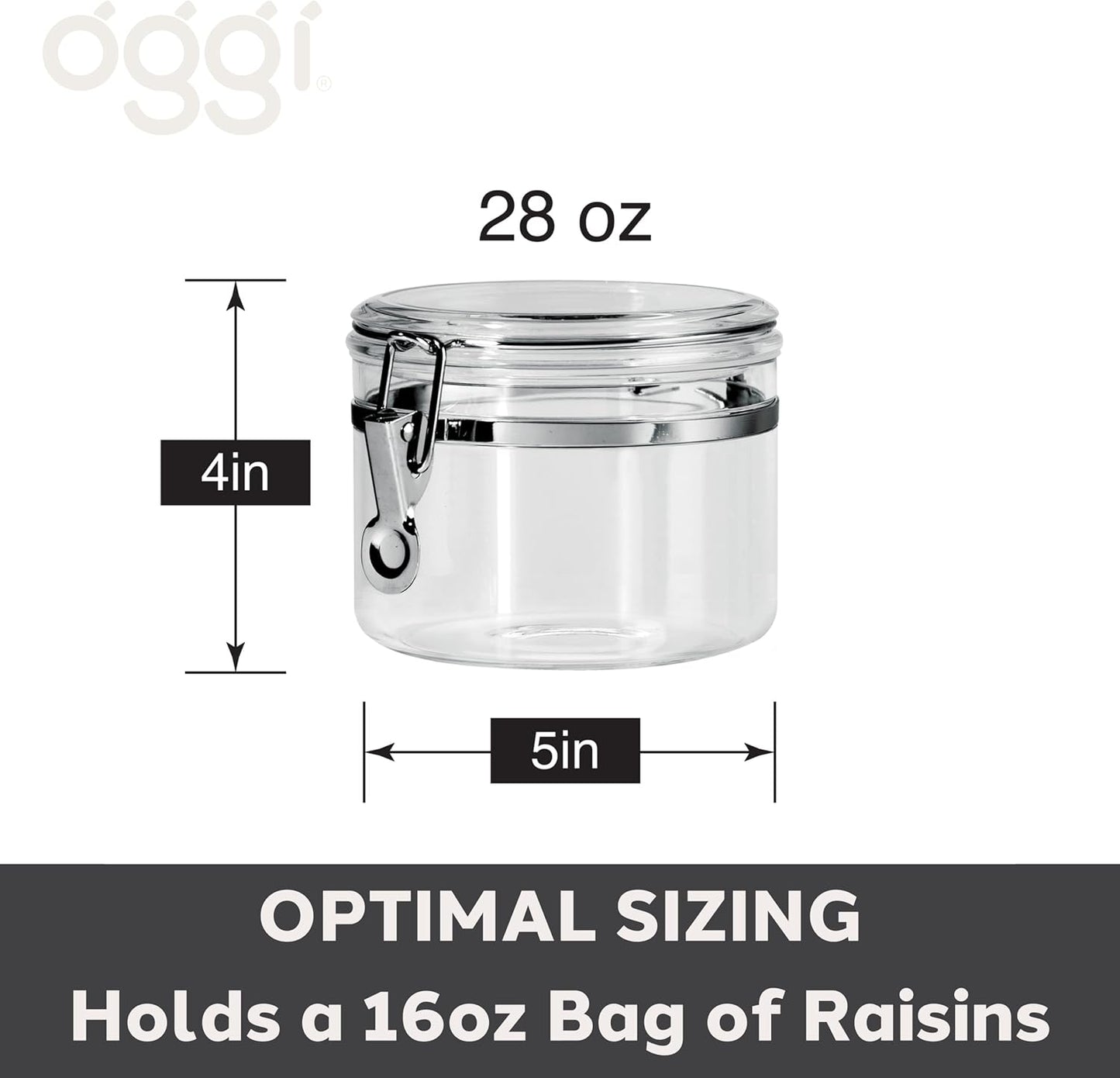 Oggi Clear Canister with Clamp Lid, 28 oz - Large Airtight Food Storage Container, for Kitchen & Pantry Storage of Bulk, Dry Foods Including Pasta, Flour, Sugar, Coffee, Rice, Tea, Spices & Herbs