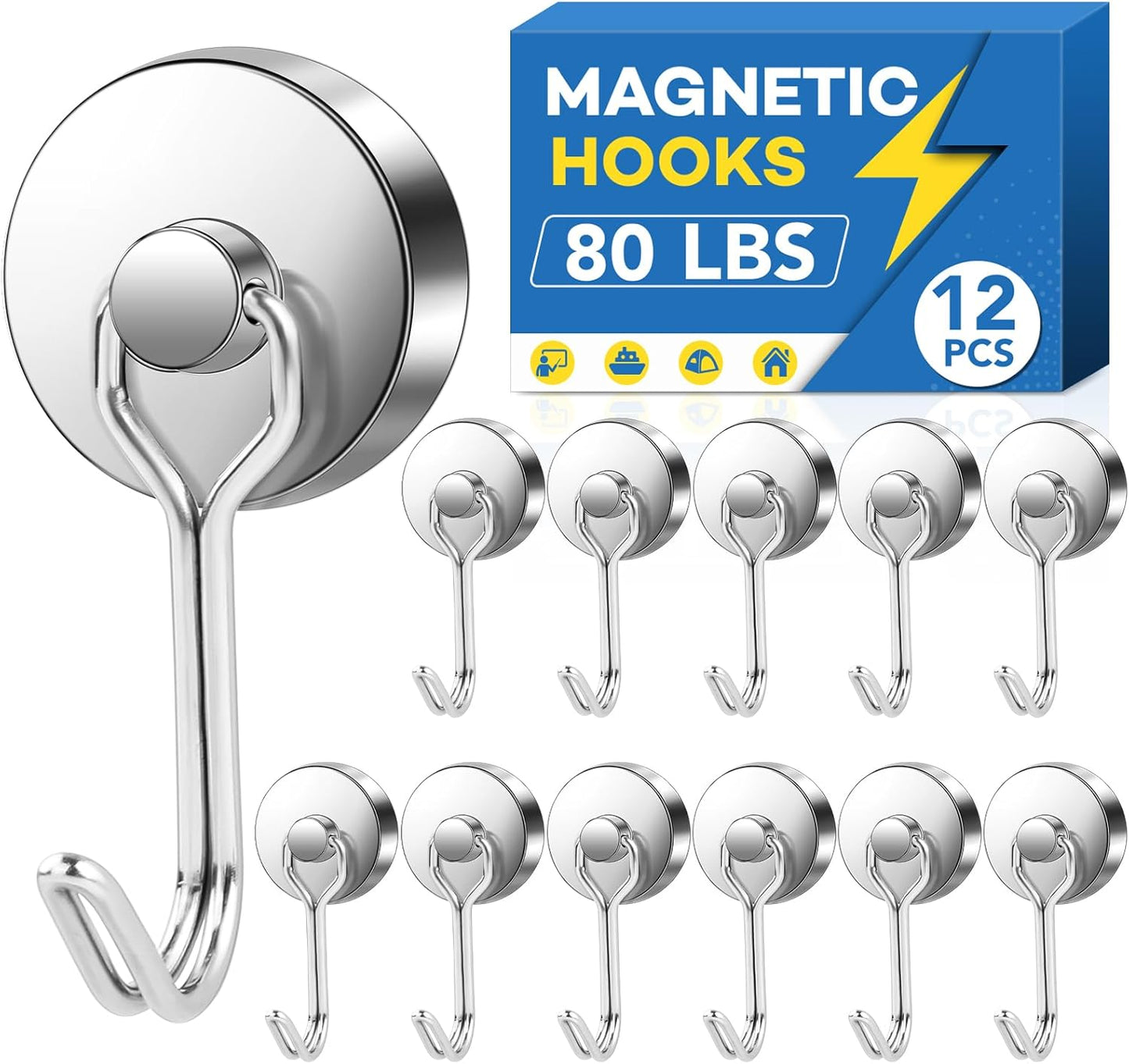 LOVIMAG Hooks, 80lbs+ Magnetic Magnet Hook 2025 Cruise Cabin Ship Essentials Heavy Duty Strong Refrigerator Fridge Hanging for Classroom Beach Vacation Kitchen Grills Home Mug Hanger (12 Pack), Silver