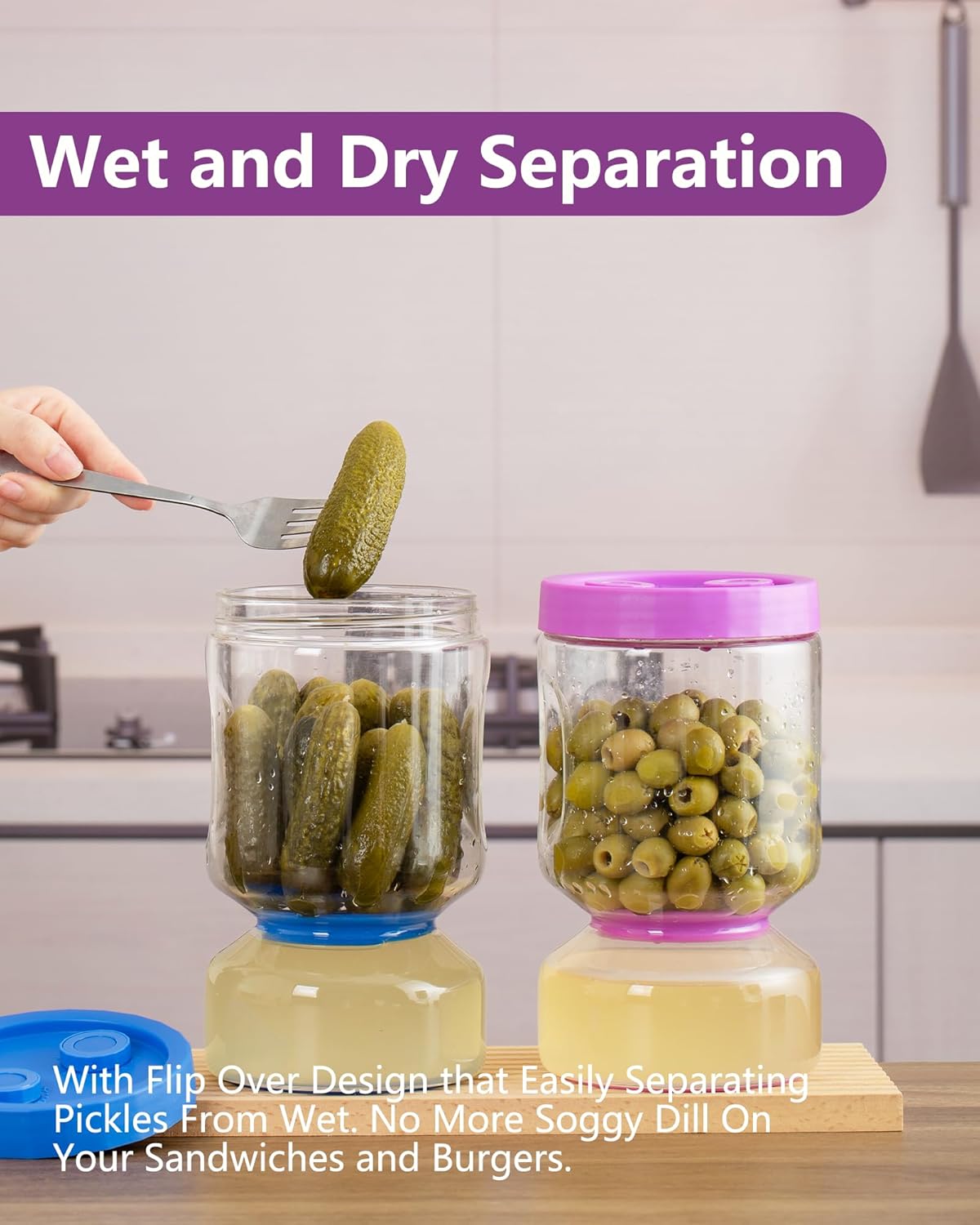 ZENS Pickle and Olive Hourglass Jar with Strainer Flip for Pickle Juice Separator from Wet and Dry, Leak-proof Airtight Container Pickling Jars for Dill Sliced Storage, Gifts for Mom