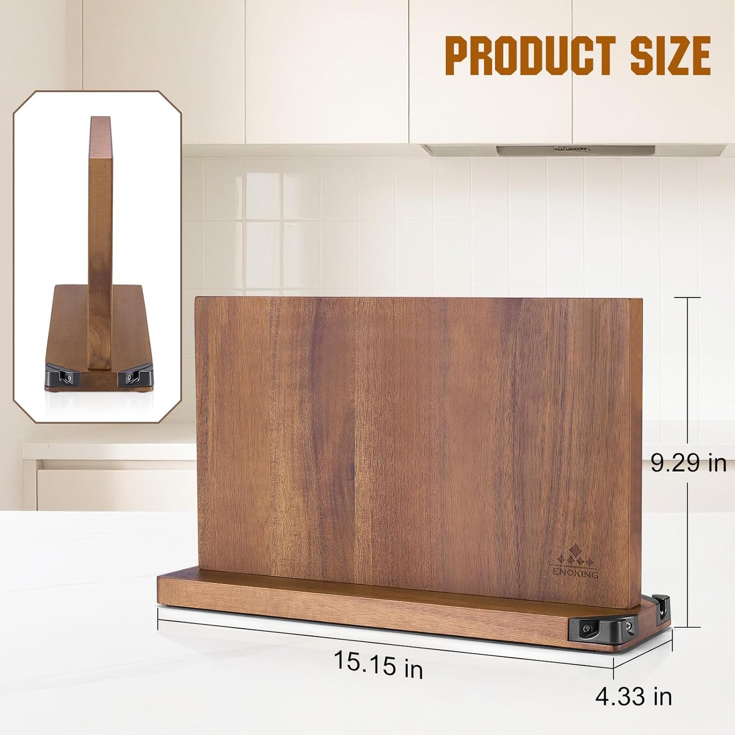 ENOKING 15.2" Extra Large Magnetic Knife Block with Dual Sharpeners, Acacia Wood Knife Holder & Display Stand with Strong Magnets