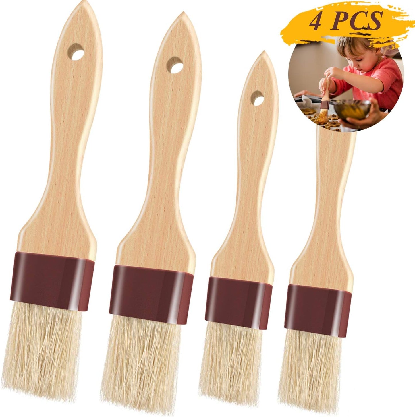 Pastry Brushes for Baking Basting Brush with Boar Bristles and Beech Hardwood Handles Culinary Oil Brush for Barbecue Butter Grill BBQ Sauce Baster Marinade Kitchen Food Cooking Brushes (1/1.5-4PCS)