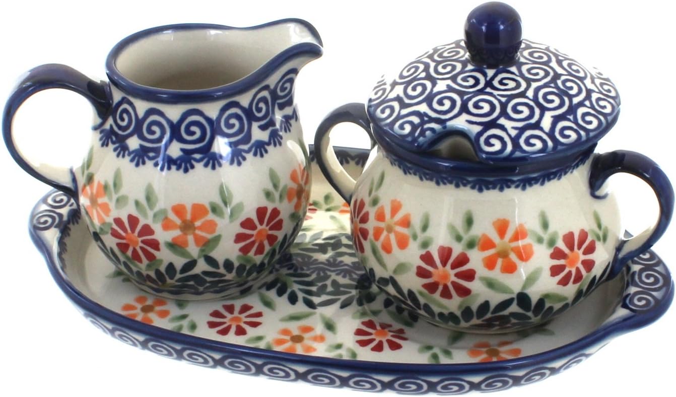 Blue Rose Polish Pottery Garden Bouquet Sugar & Creamer with Tray