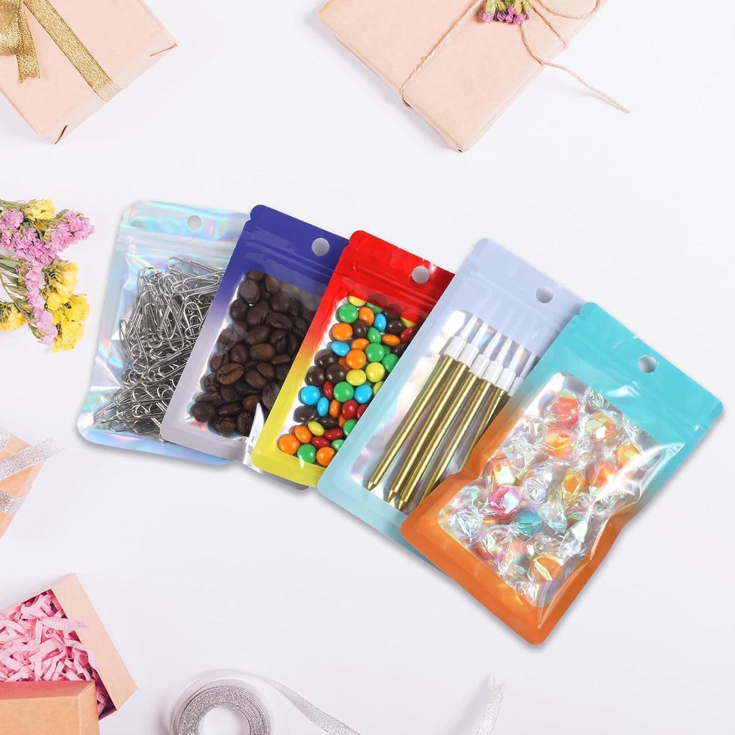 200 Pack Resealable Mylar Holographic Bags Food Storage Smell Proof Bags with Front Window Foil Packaging Pouch for Candy Sample Jewelry Small Business 3.54×6.29 Inch, Blue Fade Purple