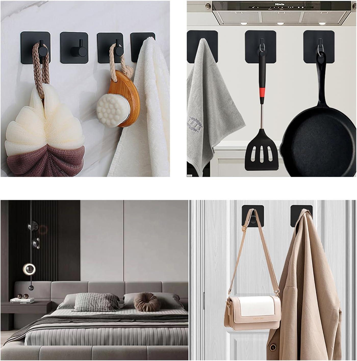 Adhesive Hooks for Hanging - 4 PCs, Towels Hooks for Bathroom, Sticky Hooks for Walls No Damage, Adhesive Hook for Outside, Kitchen, Bathroom, Office (Black 1)