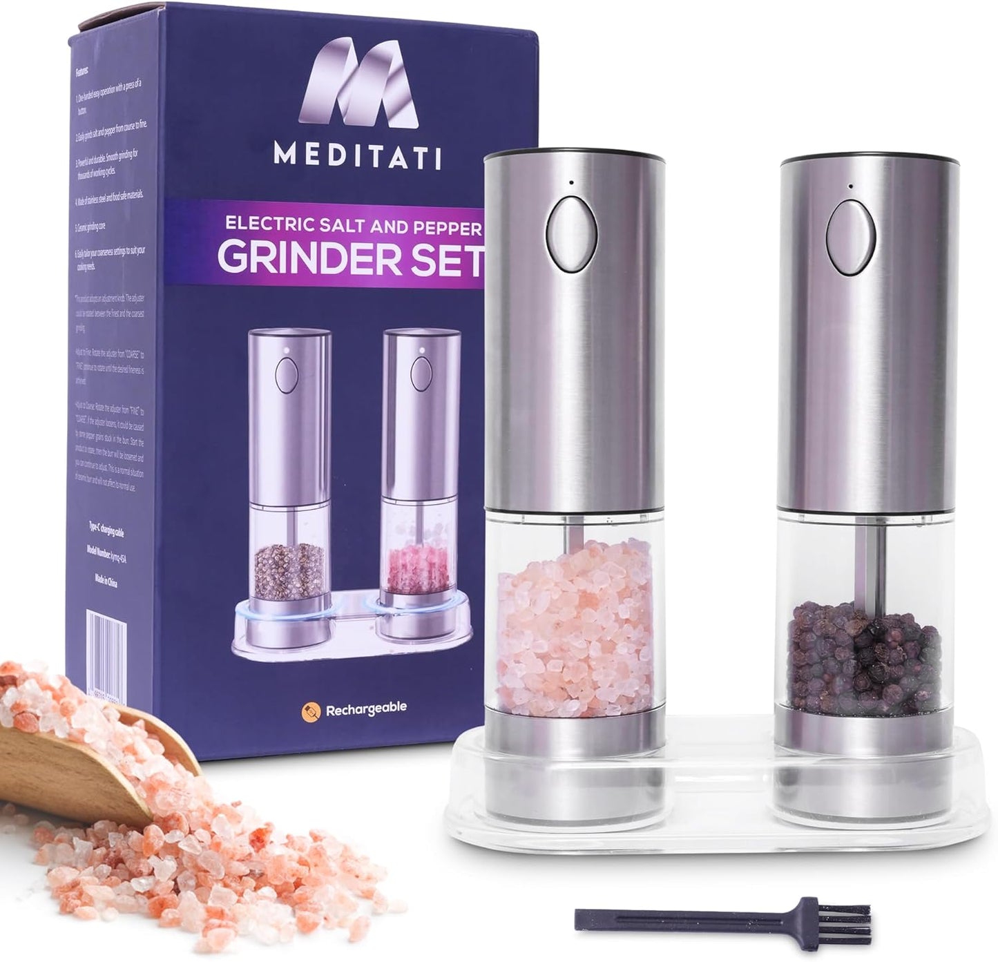Electric Salt and Pepper Grinder Set-Rechargeable USB Large Capacity Stainless Steel Mills with Ceramic Core, LED Light, Adjustable Coarseness, One-Handed Operation -Set of 2