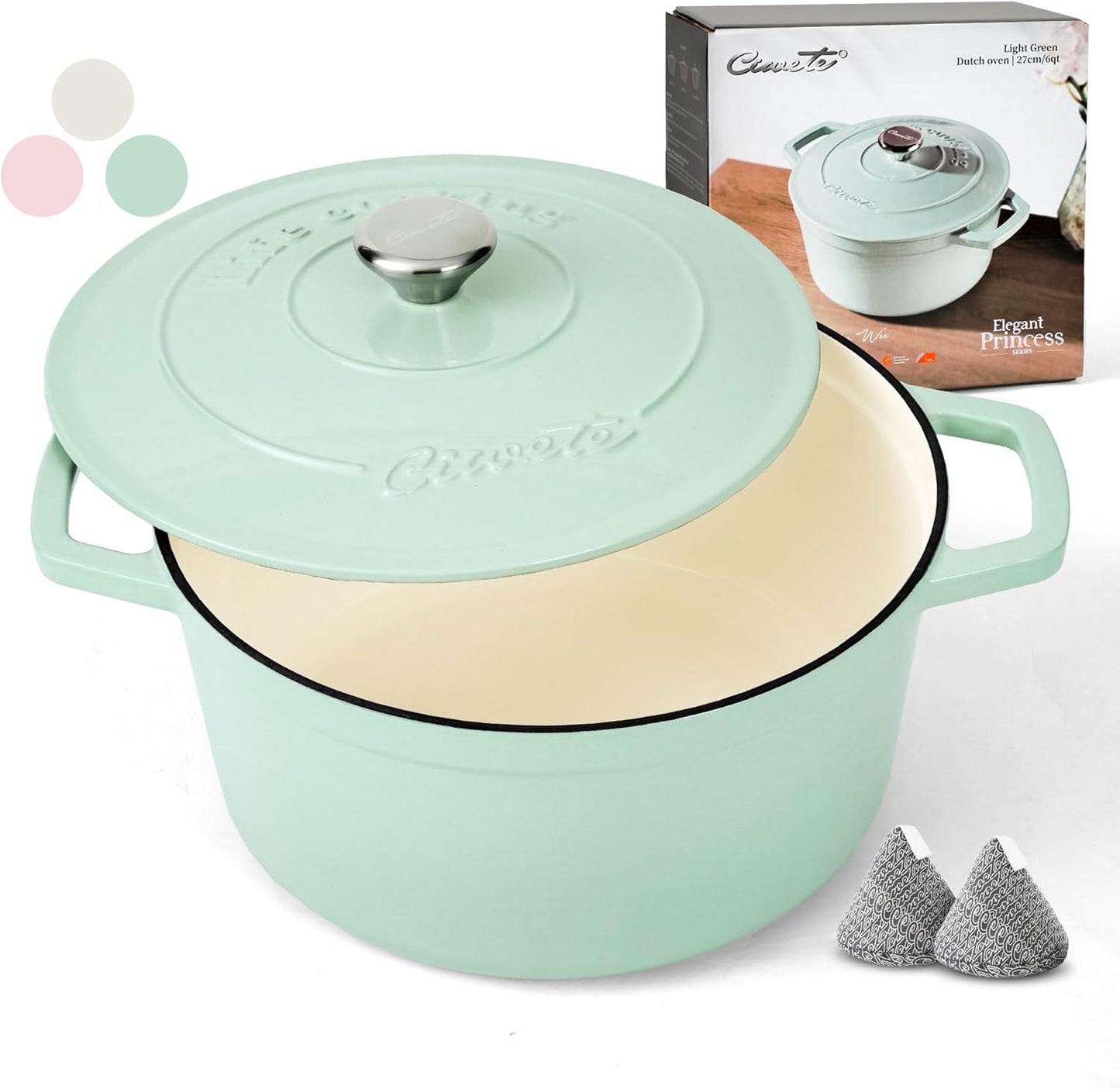 6 QT Dutch Oven Pot with Lid, Enameled Cast Iron Dutch Oven for Bread Making, Braiser, Cooking, Dual Handles, Oven Safe up to 500° F or on Stovetop, Gifts for Family - Mint Green