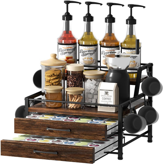 Coffee Syrup Rack Organizer - 4-Tier 8 Syrup Wine Bottles Stand with 82 Storage Drawer for K Cups, Coffee Pod Holder for Countertop, Bar Station, Kitchen, Rustic Brown