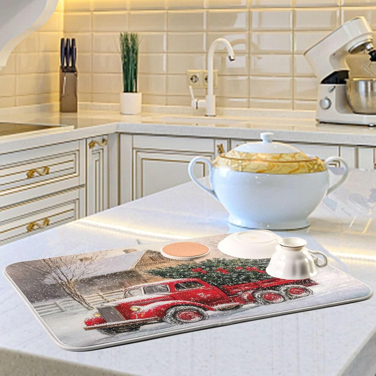 Red Christmas Truck Dish Drying Mat for Kitchen Counter Absorbent Microfiber Drying Pad, Medium 16x18 in, Reversible Drainer Mats