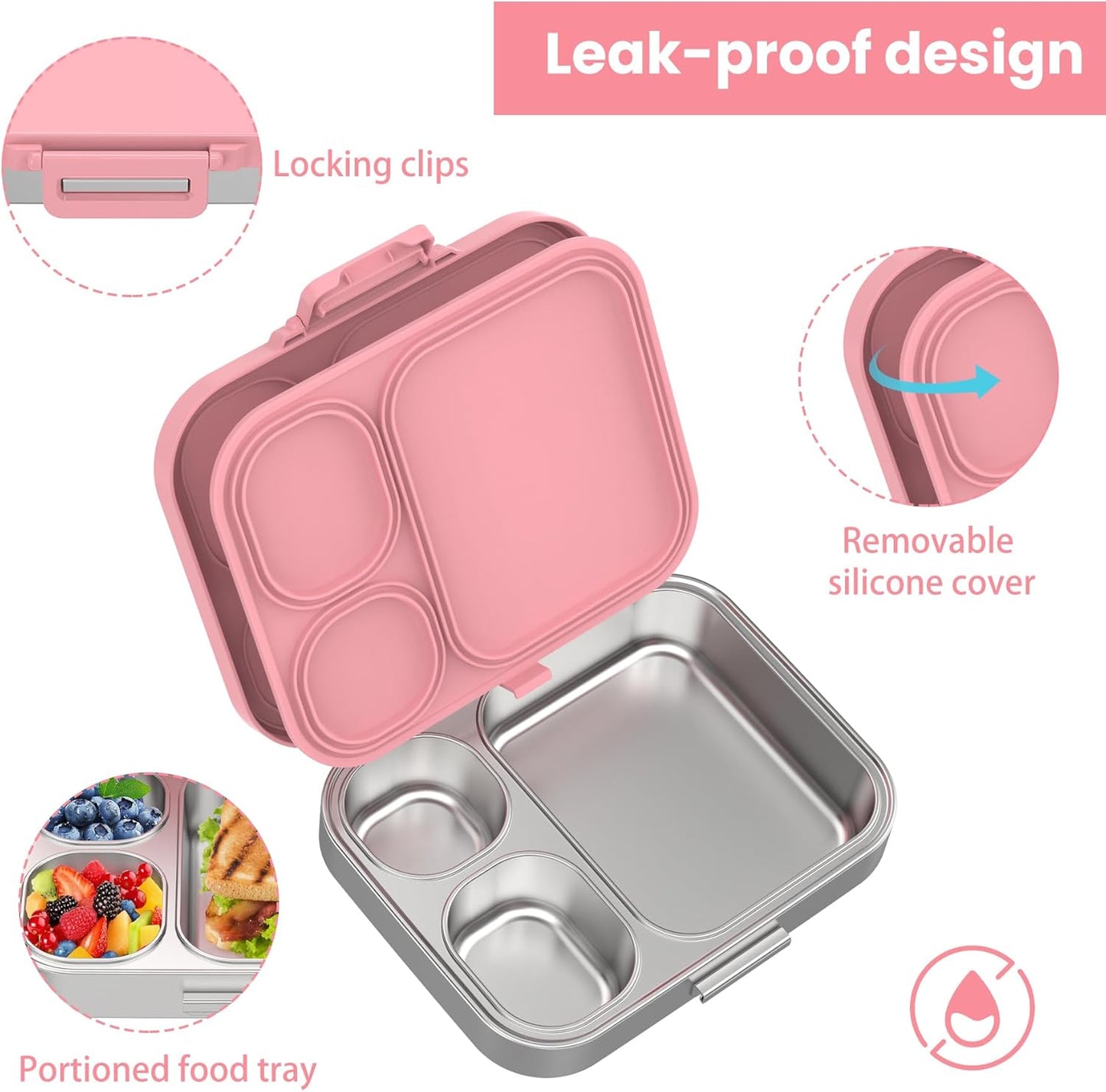 Stainless Steel Bento Lunch Box for Kids | 3-Compartment Lunch Box Container Kids | 100% Leakproof, Dishwasher-Safe, Eco-Friendly, Perfect Portion Control for Kids&Adult Healthy Meals (Pink)