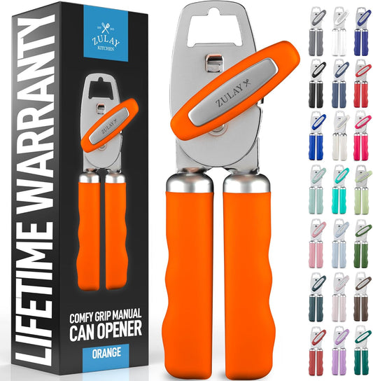 Zulay Kitchen Heavy Duty Stainless Steel Can Opener Manual with Bottle Opener - Rust Proof Manual Can Opener With Turn Knob & Comfy Soft Grip Handles - Orange