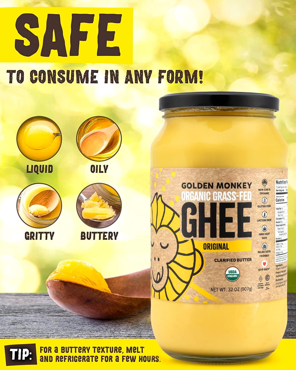 GOLDEN MONKEY Organic Ghee Butter – Grass Fed Clarified Butter for Cooking, Baking, Keto & Gut Health – Ghee Butter Organic Grass Fed from Small Farms – Smooth Spread with High Smoke Point (32oz)