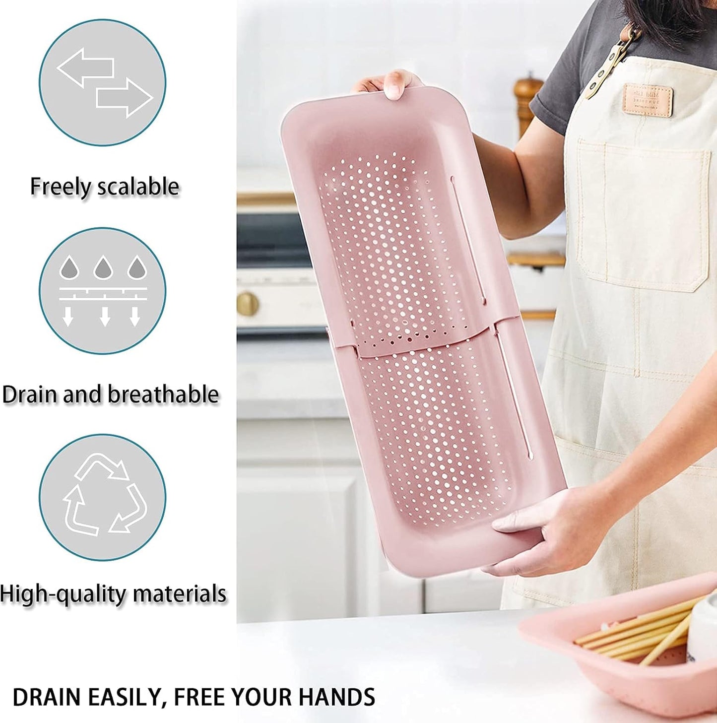 Collapsible Sink Colanders and Strainers Basket Over the Sink Colander Collapsible Colander Extendable Plastic Fruit Vegetable Strainer Drainer Basket for Kitchen(Length 14.3 inch-19.4 inch) (Pink)
