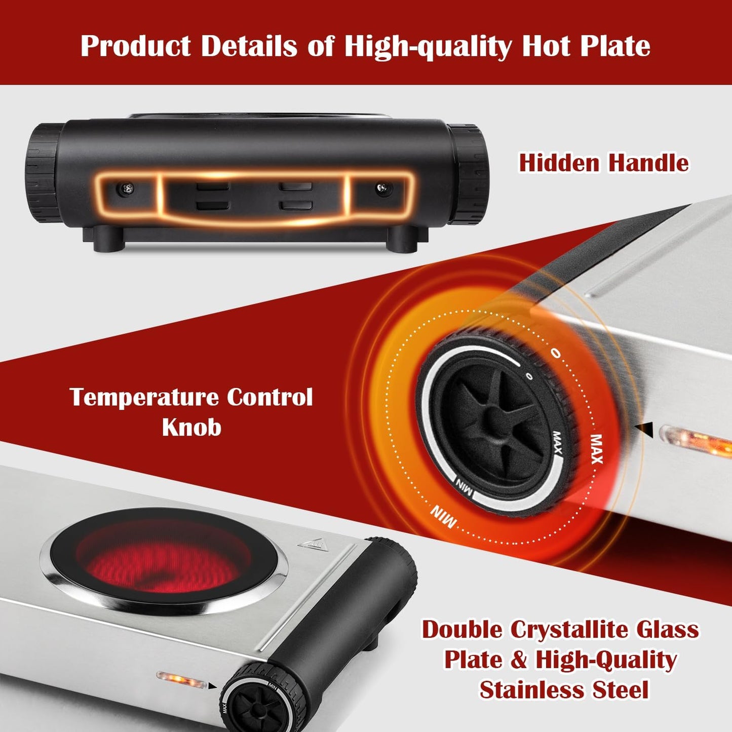 Cusimax Portable Electric Stove For Cooking With 1800w Power Temperature Control,Double Electric Hot Plate,Ceramic Glass Infrared Burner For All Cookware And Home, Dorm, Rv(Sliver)