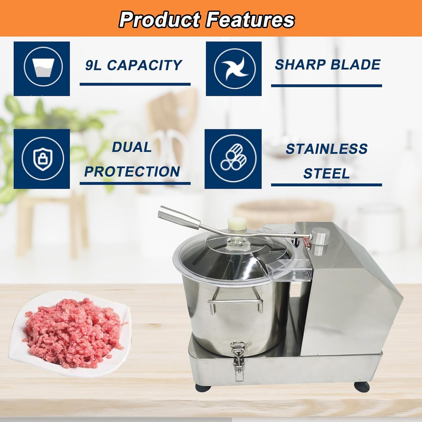 TECHTONGDA 9L Food Processor & Vegetable Chopper, Commercial Meat Grinder, Stainless Steel Electric Chopper, Adjustable Speed Meat Mincer, Multi-Function for Chopping Vegetables, Meat, Grains, Nuts