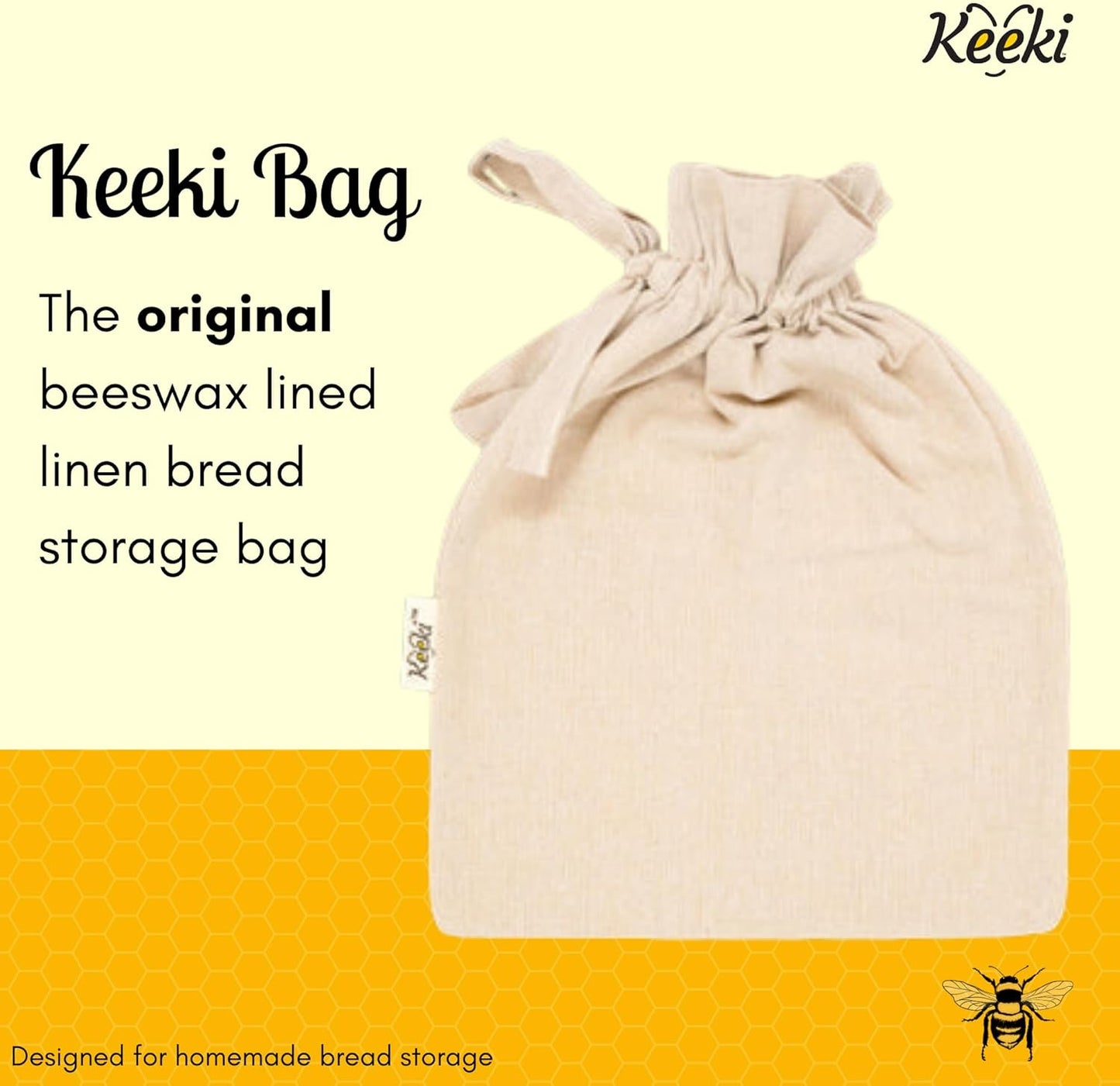 Keeki Bag - The Original Beeswax Lined Bread Bag for Homemade & Sourdough | Reusable Linen Bread Storage | Beeswax Wrap Alternative | Plastic-Free Storage w/Wide Drawstring Closure - Natural
