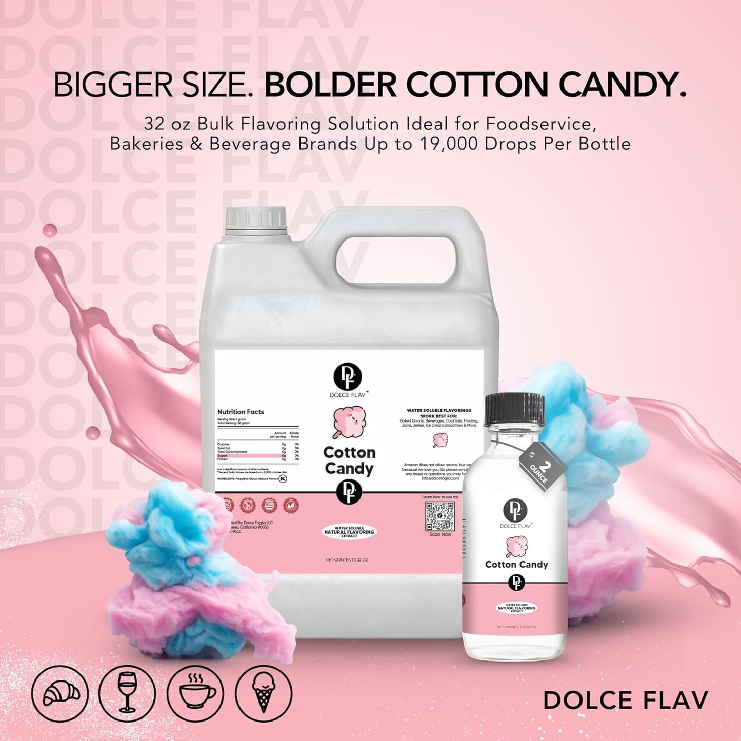 Dolce Flav Cotton Candy Flavoring – 32 oz. – Premium Water-Based Extract for Ice Cream, Boba, Desserts, Beverages & Baked Goods | Great for Cafés, Bakeries & Restaurants