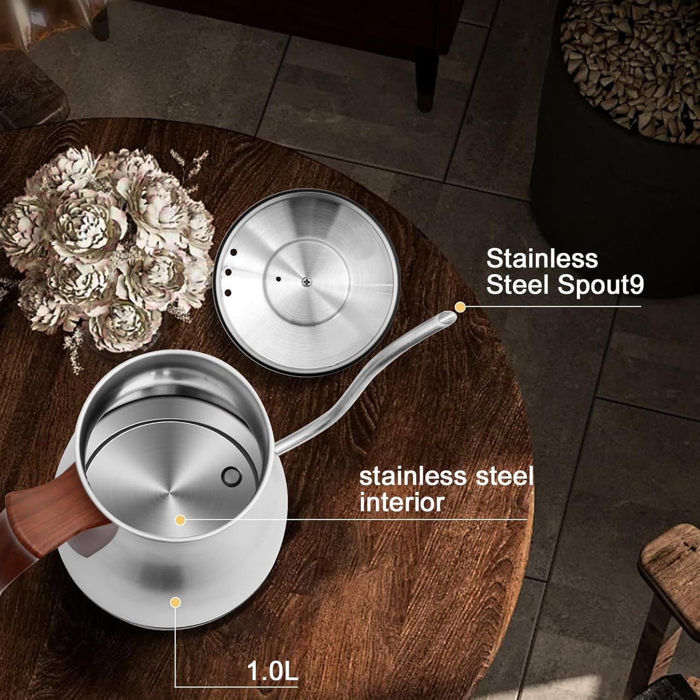 SEEDEEM Gooseneck Electric Kettle, 1L 1200W Touch Screen Pour-Over Kettle with 4 Heating Modes, ±1℉ Temp Control, Keep Warm Function, for Tea & Coffee, Silver