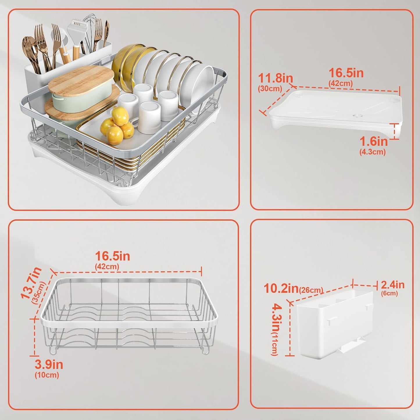Dish Drying Rack - 304 Stainless Steel Dish Rack with Utensil Holder & Adjustable Spout, Space-Saving Organizer, Large Capacity for Bowls, Dish Drainer with Drainboard, White