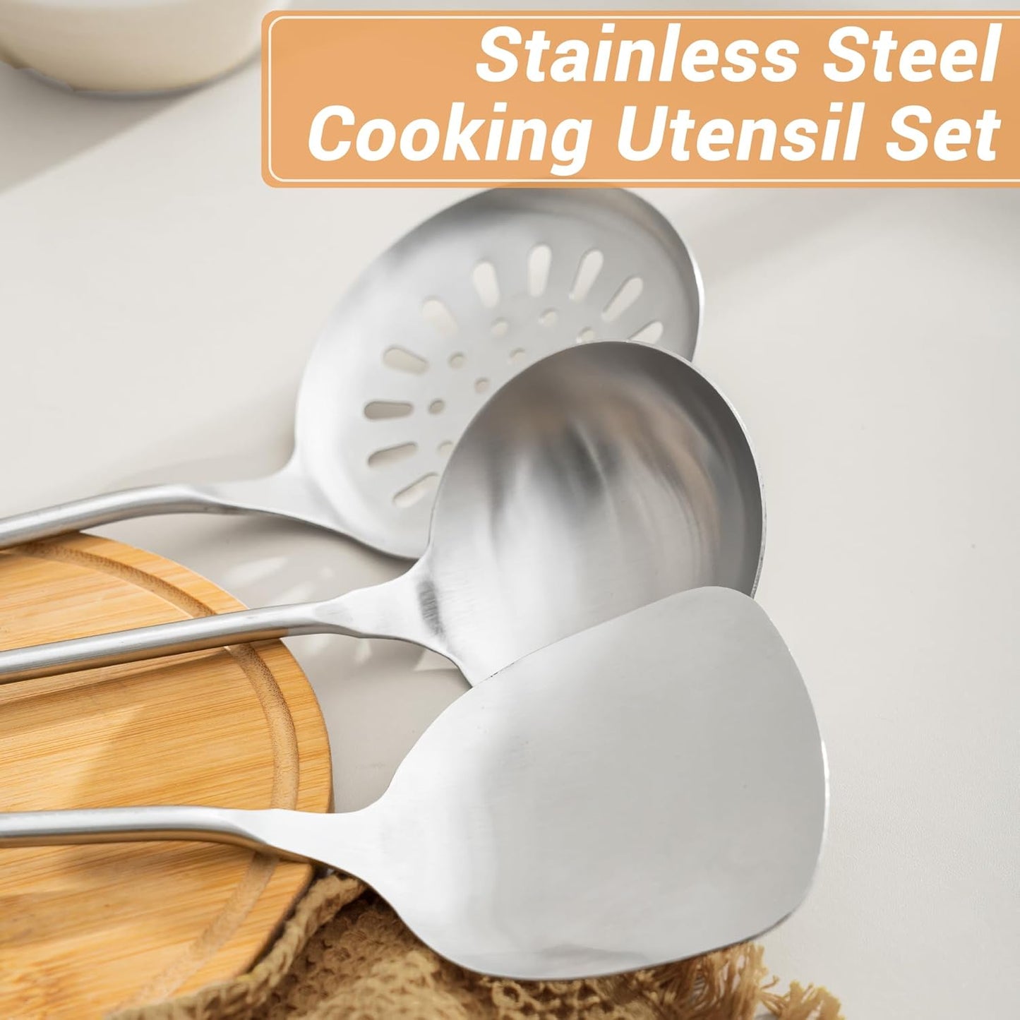 FJNATINH Spatula and Ladle - Set of 2 Wok Tools - Universal Wok Ladle and Spatula - Stainless Steel Cooking Utensils and Wok Accessories,14"-15"