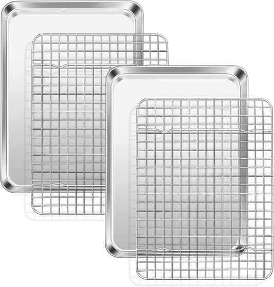 TeamFar Baking Pan with Rack Set (2 Pans + 2 Racks), Stainless Steel Cookies Sheet Baking Tray Pan with Grid Cooling Rack for Toaster Oven, Healthy & Heavy-Duty, Dishwasher Safe, 12.5 x 10 x 1 Inch