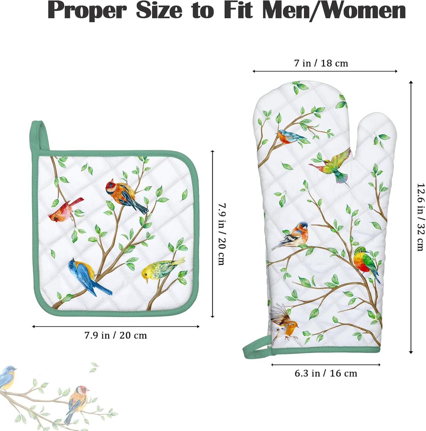 Bird Branch Oven Mitts and Pot Holders Sets 4Pcs, 100% Cotton Heat Resistant, Extra Long Oven Gloves Potholder for Kitchen Cooking Baking Housewarming