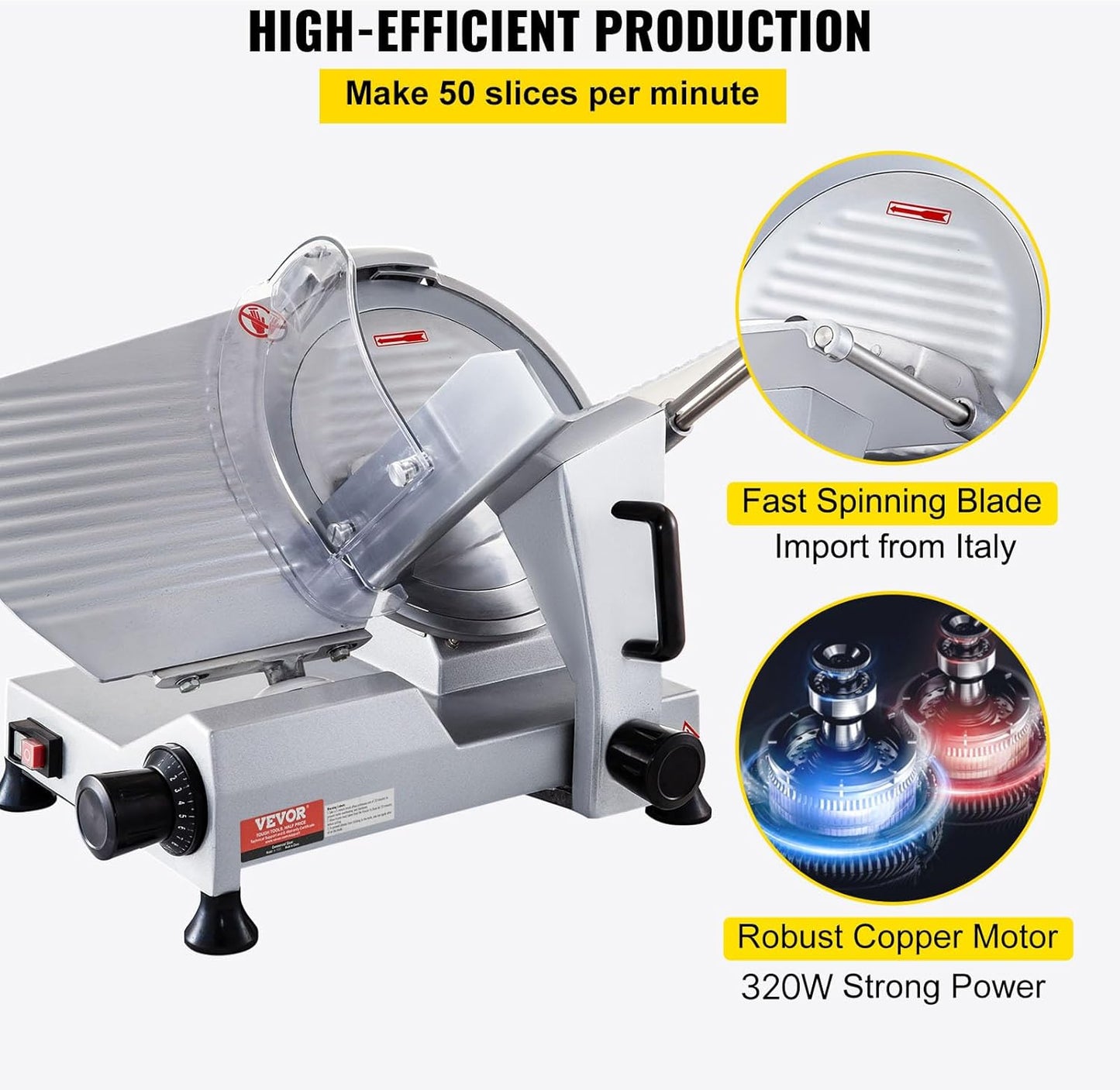 VEVOR Commercial Meat Slicer, 320W Electric Deli Food Slicer, 12 inch Carbon Steel Blade Electric Food Slicer, 350-400RPM Meat Slicer, 0-0.6 inch Adjustable Thickness for Cheese, Veggies, Ham