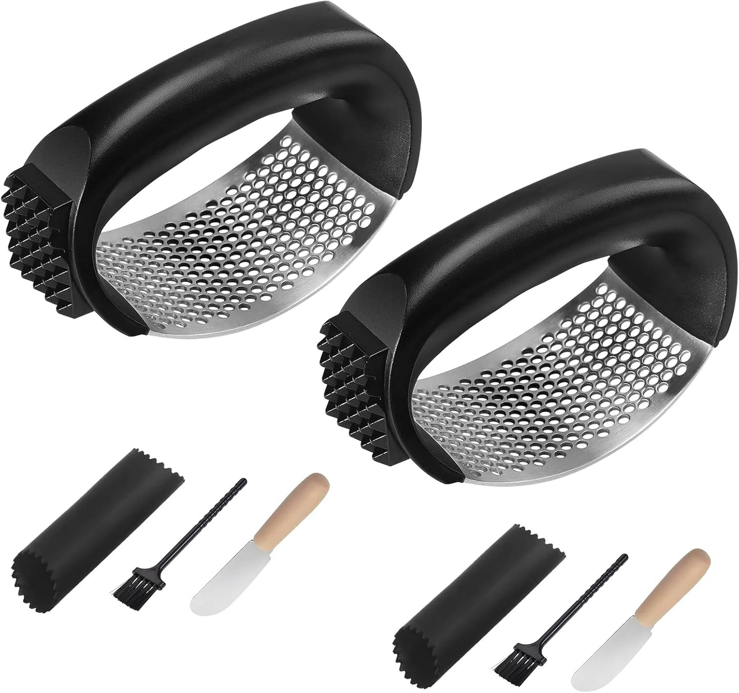 2 Pack Garlic Press Rocker Set – Innovative Stainless Steel Garlic Mincer & Crusher with 2 Peelers, 2 Scrapers, and 2 Brushes for Effortless Garlic Prep | Complete Garlic Tool Kit (BLACK)