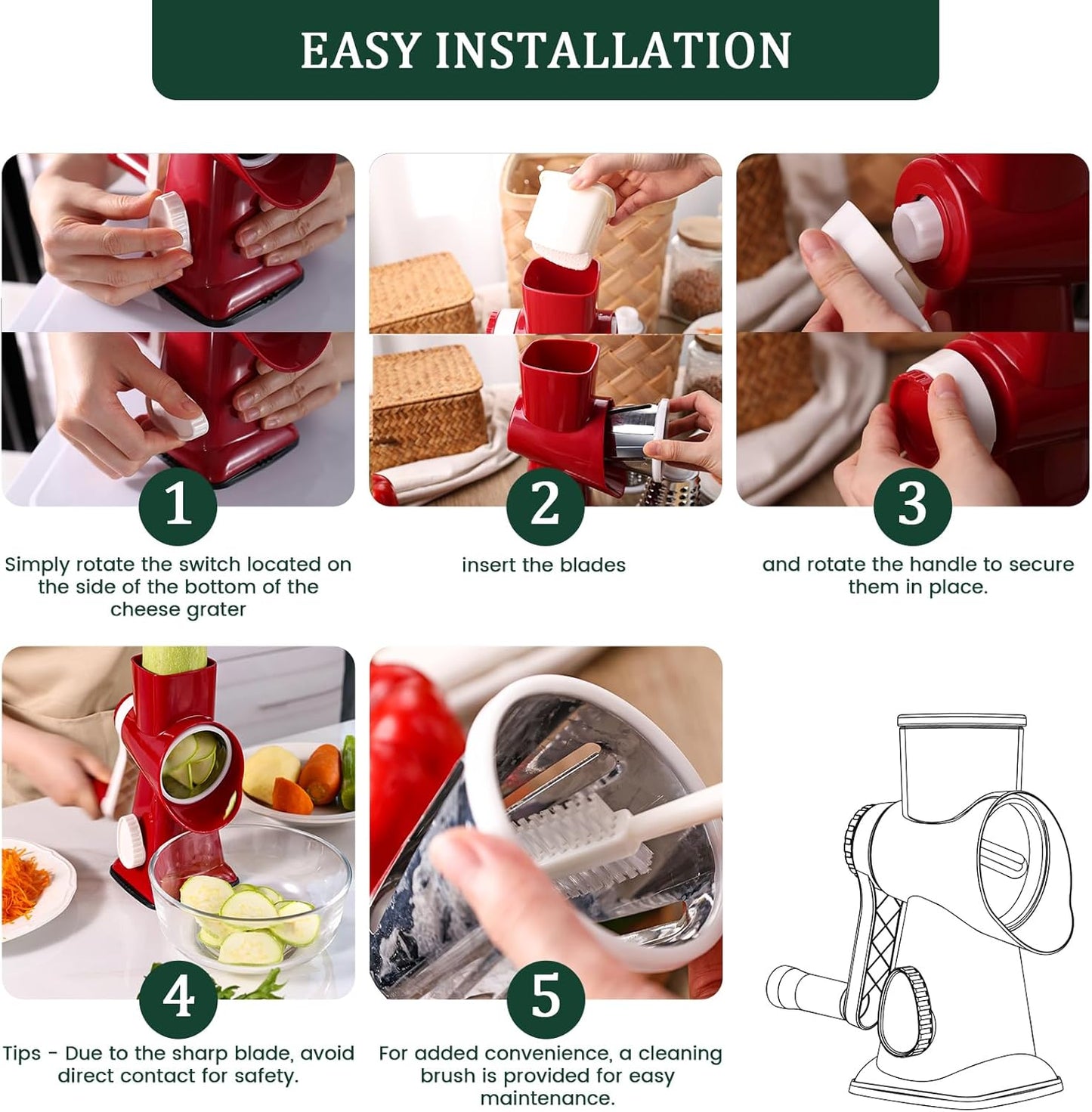 HANSGO Rotary Cheese Grater, Hand Crank Cheese Shredder, Vegetable Slicer for Kitchen, 3 Interchangeable Blades for Potatoes Carrots Onion Zucchini Nuts Chocolate Fruits, Red