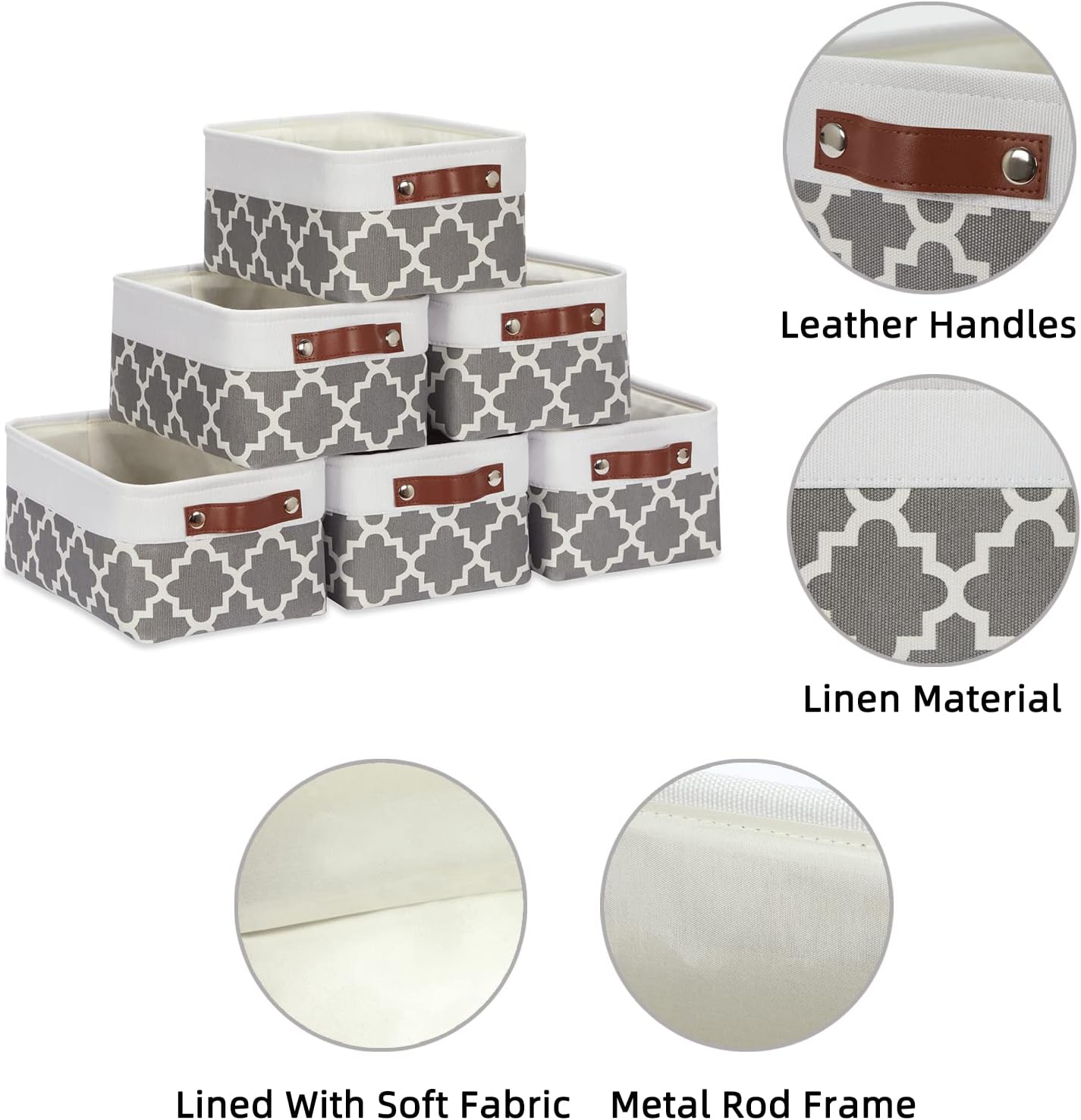 HNZIGE Small Baskets Fabric Storage Baskets(6 Pack) Storage Bins with Leather Handles Empty Gift Basket Decorative Storage Baskets for Shelves, Baby Clothes Toys(Pattern&White,11.8" x 7.8" x 5.1")
