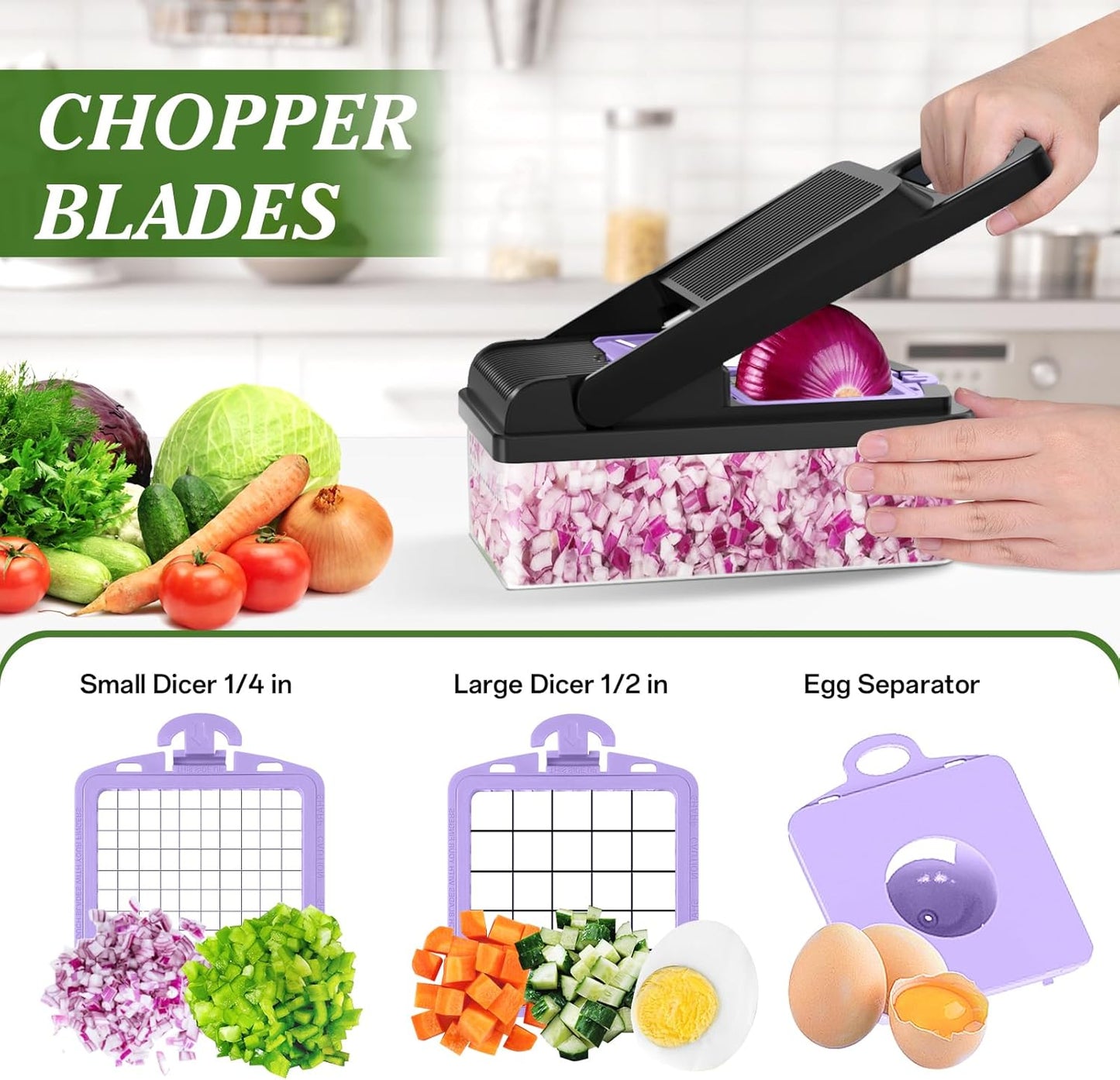 HomeHacks Vegetable Chopper Vegetable Cutter, 12 in 1 Kitchen Gadget, Dicer, Slicer, Onion Cutter, Salad, Cheese Grater & Egg Separator - Multi-Functional Veggie Chopper Lid with Handle (Purple)