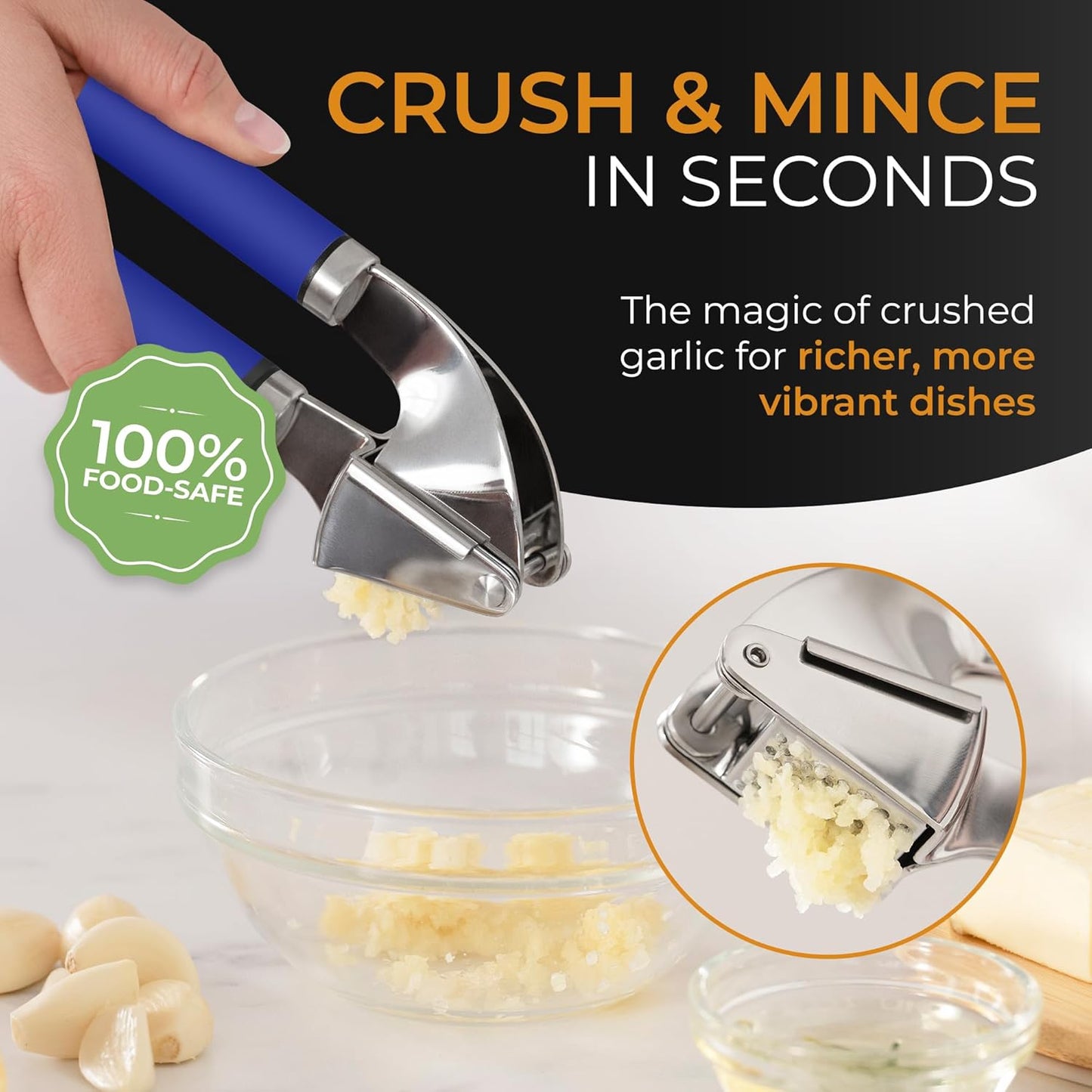 ORBLUE Garlic Press Stainless Steel - Premium Professional Grade Garlic Mincer, Crusher & Peeler Set - Easy Clean, Dishwasher Safe & Rust-proof, Blue