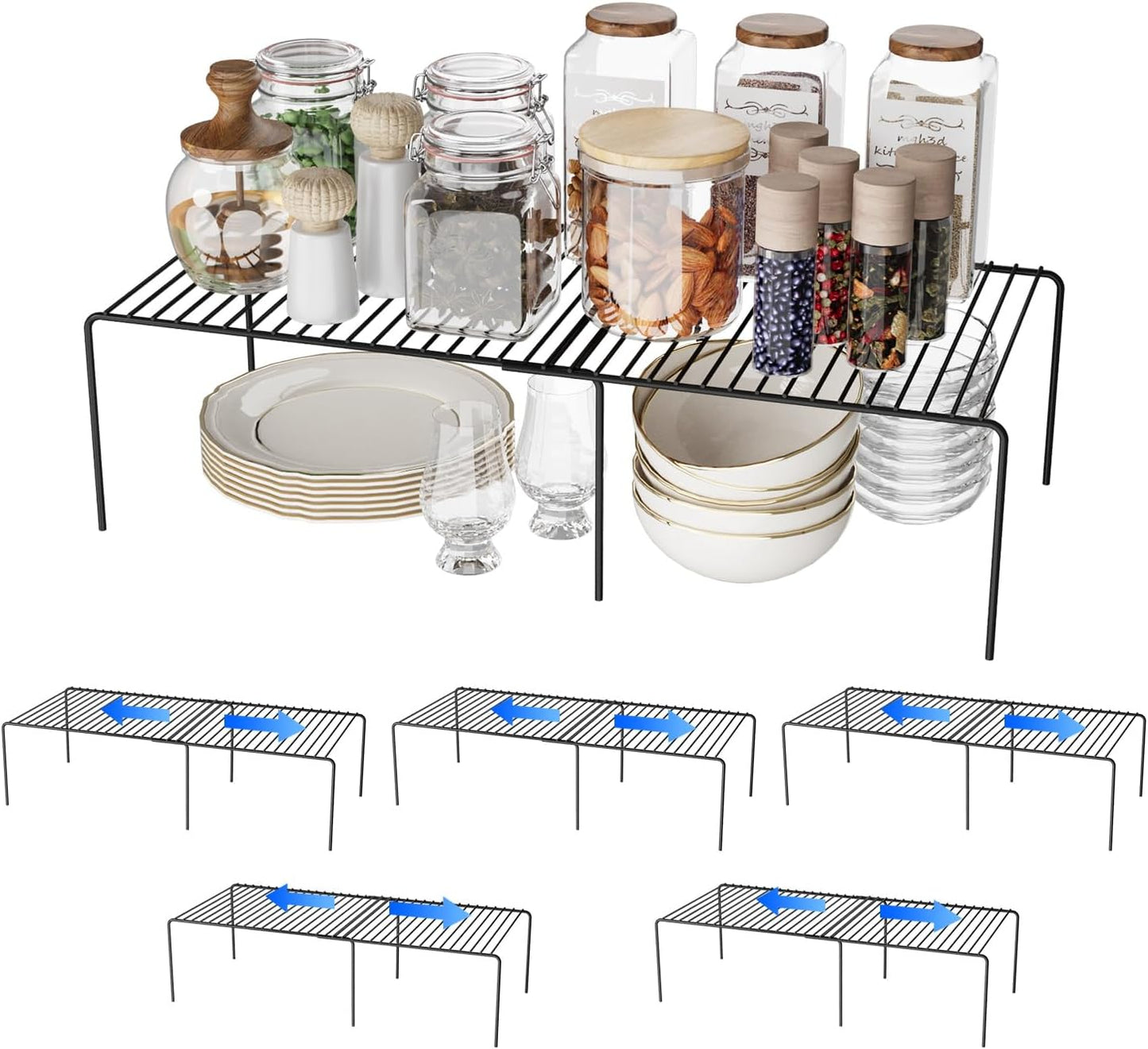 Expandable Storage Shelf, Pantry Organizers and Storage, Adjustable Rustproof Metal Wire Spice Rack, Space Saver Kitchen Storage Shelves for Pan, Pot, Countertop, Drawer, Fridge, Set of 6, Black