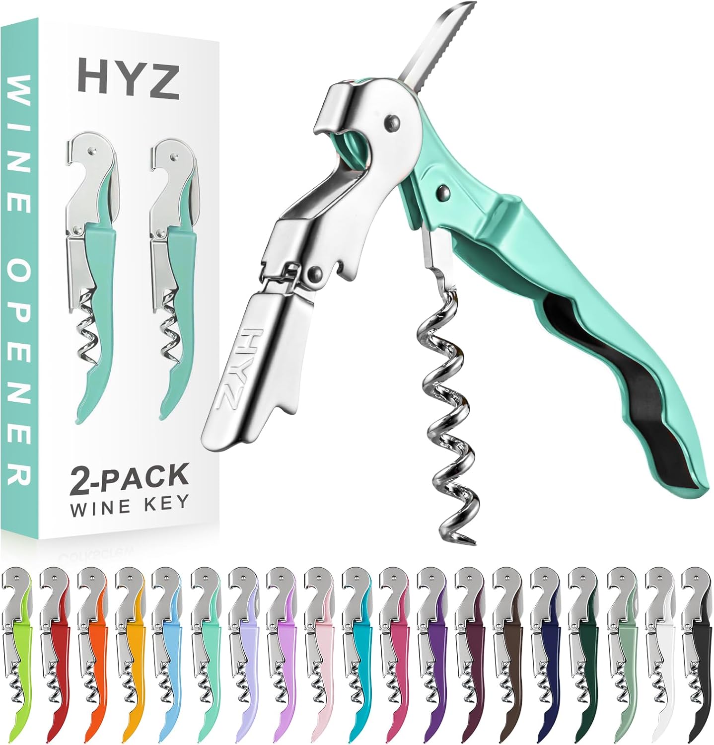 HYZ 2-Pack Wine Opener Waiter Corkscrew, Professional Wine Key for Servers, Bartender with Foil Cutter, Manual Wine Bottle Opener Double Hinged (Mint Green)
