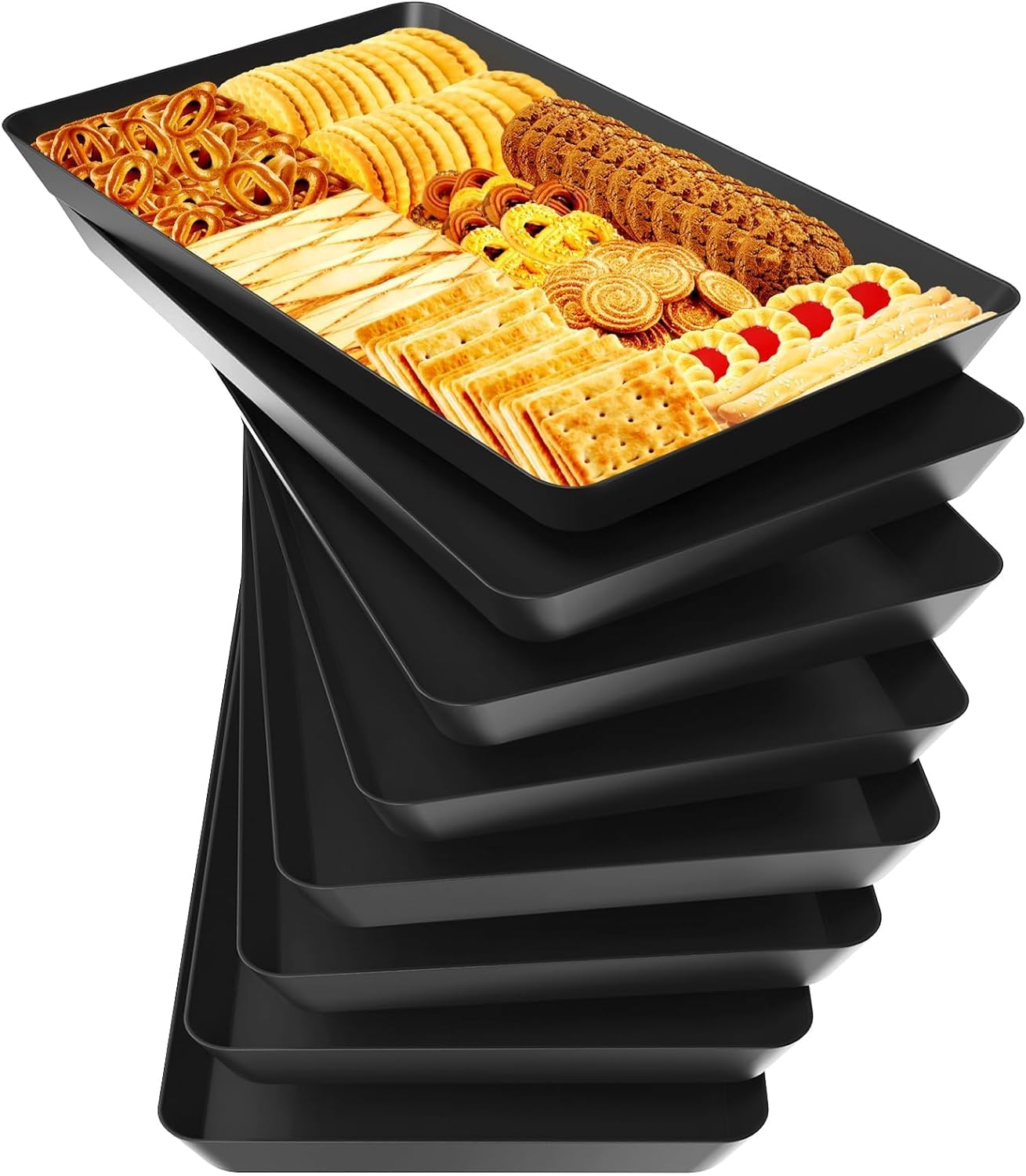 WOWBOX 8 pcs Serving Tray for Entertaining, Serving Platters for Snacks, Fruit, Cookies, Dessert, Reusable Plastic Trays for Serving Food and Pantry Organization in Kitchen & for Parties, (Black)
