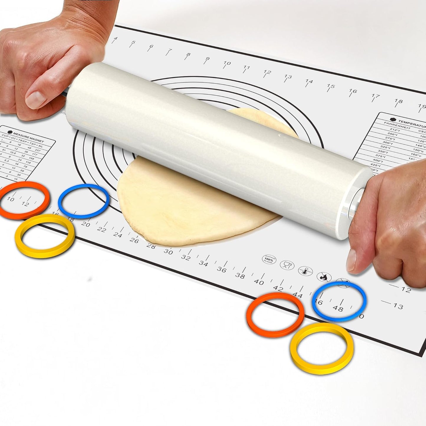 Marble Rolling Pin with Stainless Steel Handle for Baking,Fondant,Pizza,Cookie Crust,Pie,Cookies,Pastry, 18.5”(Includes handle) Marble Rolling Pin with 3 Multi-Color Thicknesses and Wood Stand