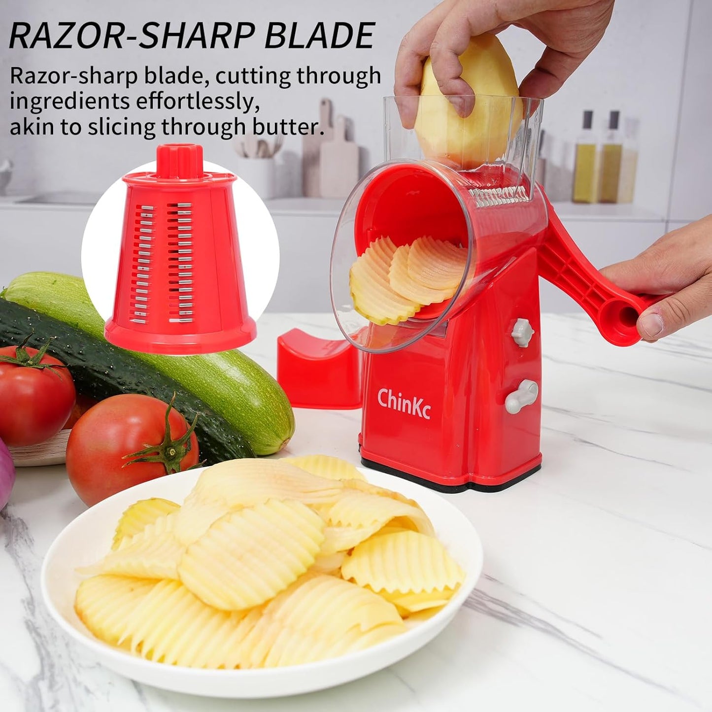 Rotary Cheese Grater Shredder - Upgraded 5 in 1 Cheese Grater with Handle and Strong Suction Base, Multi-purpose Julienne Slicer Ice Shaver Nuts Grinder for Ice, Vegetables, Fruit, Nuts