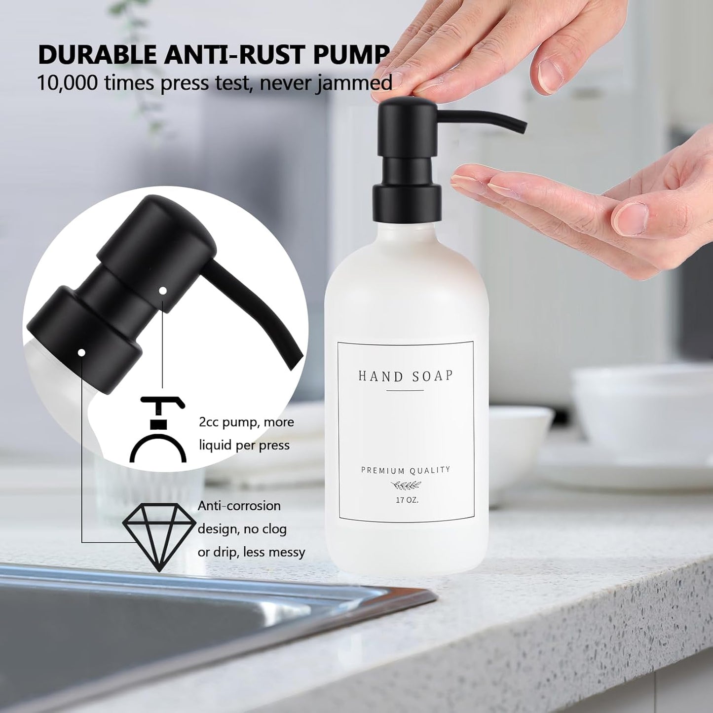 Thick Glass Soap Dispenser - Kitchen Dish Hand Soap Dispenser Set,Rustproof Pump Soap Lotion Dispenser Bathroom with Tray,14 Stickers for Kitchen Decor White Bottle/Black Pump