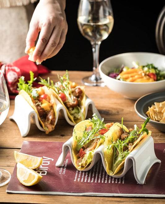 Taco Holder, Porcelain Taco Tray with Handles, Perfect for Keeping Tacos in Place, Serving Dish for Entertraining, Taco Shell Holds 4 Taco, Set of 2