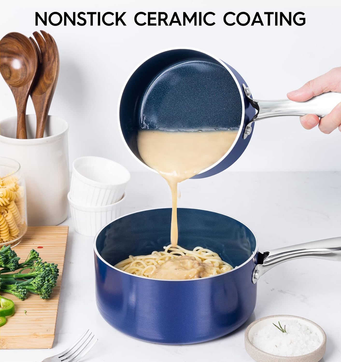 MICHELANGELO Saucepan Set, 1Qt & 2Qt Ceramic Sauce Pan with Lid, Nonstick Saucepans with Lids, Small Pot with Stainless Steel Handle, Oven Safe, Blue