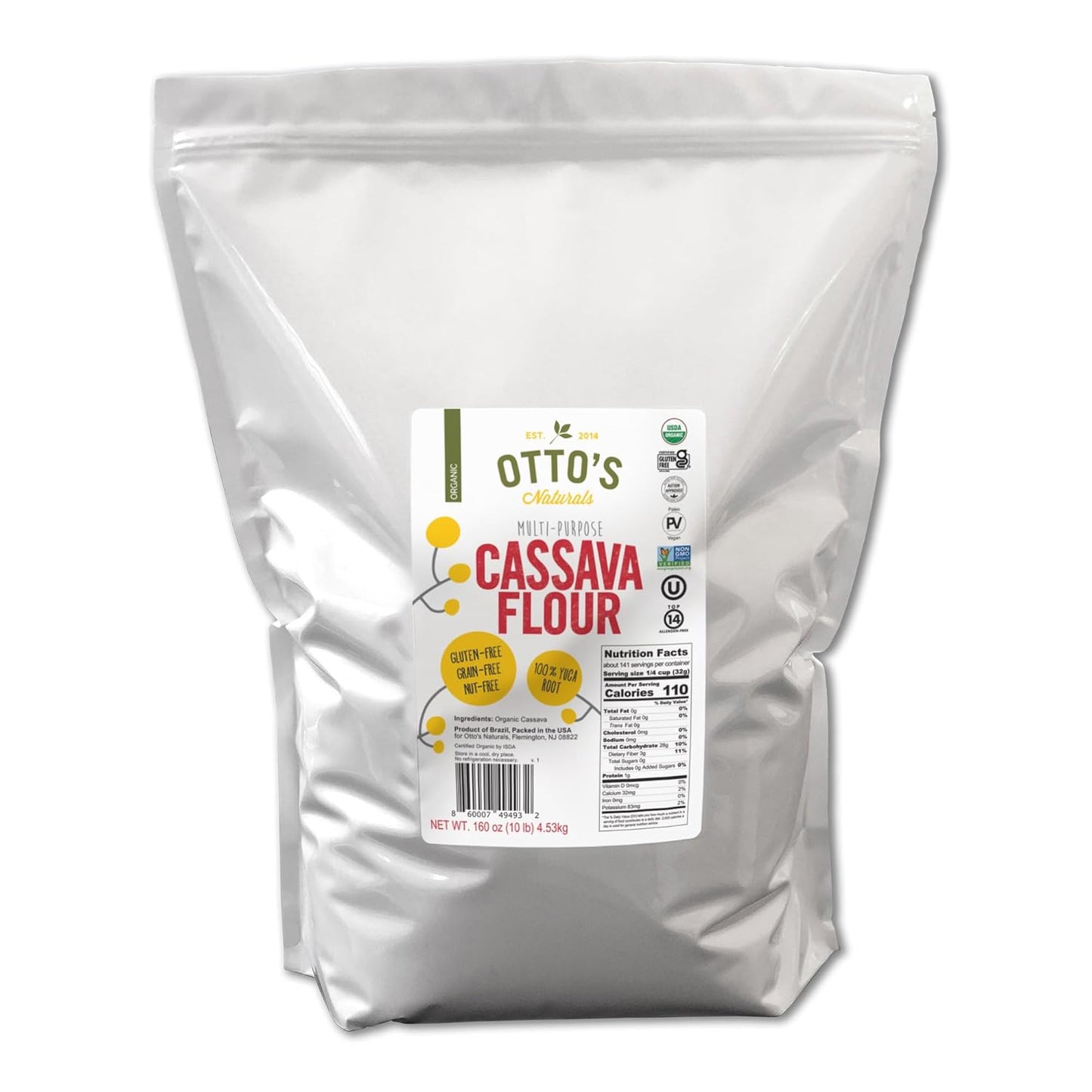 Otto's Naturals Organic Multi-Purpose Cassava Flour, Gluten-Free, Grain, Nut and Gum-Free, 1-to-1 Wheat Alternative, Paleo, AIP, 10 lb