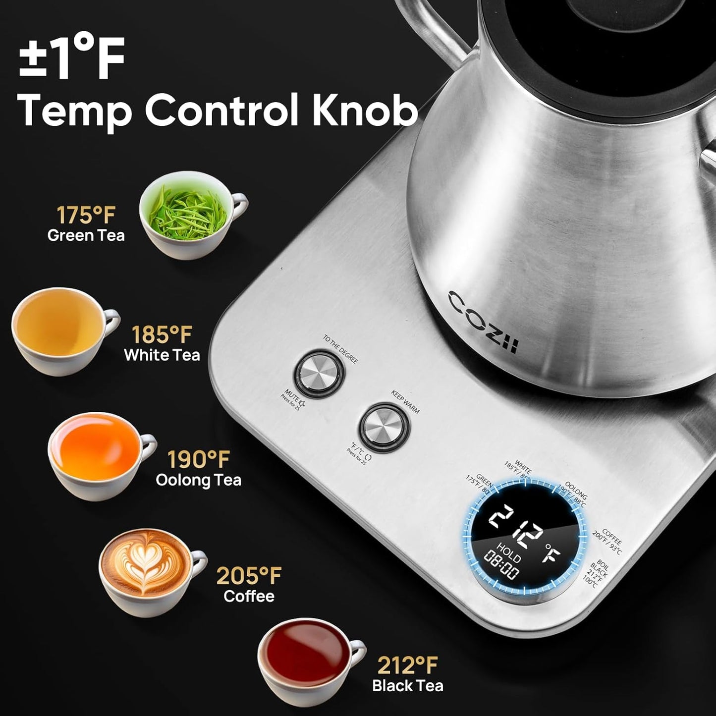 COZII Gooseneck Electric Kettle,5 Presets & ±1℉ Temperature Control 1200W Quick Heating Water Boiler for Coffee/Tea, 24H Keep Warm, Auto Shut Off Pour Over Kettle with 50pcs Coffee Filter,0.9L Silver