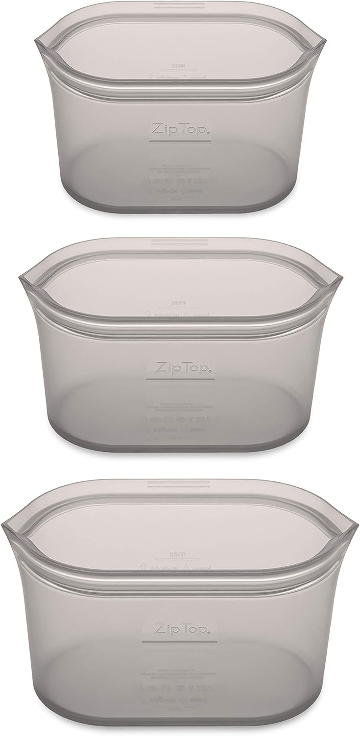 Zip Top Reusable Food Storage Bags | 3 Dish Set [Gray] | Silicone Meal Prep Container | Microwave, Dishwasher and Freezer Safe | Made in the USA