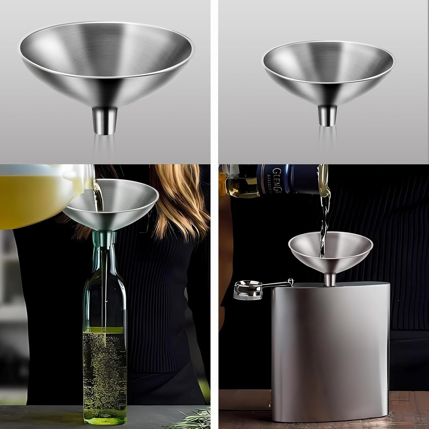 2 Piece Small Stainless Steel Filling Mini Funnel, Flask Funnel, Large for Kitchen, Small for Flask, Essential Oil Delivery