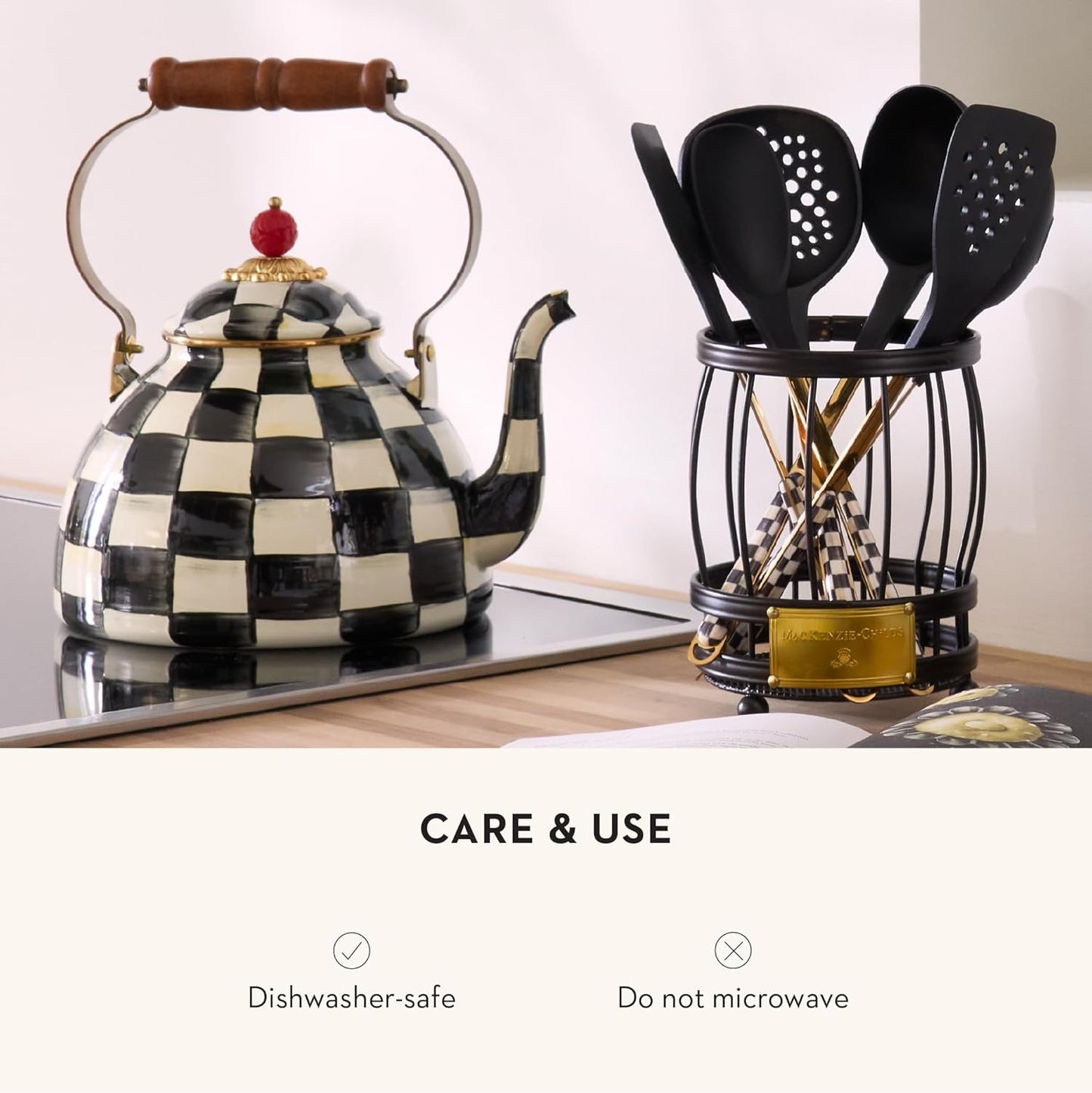 MACKENZIE-CHILDS Kitchen Pasta Spoon, Silicone Spaghetti Spoon, Black-and-White Courtly Check