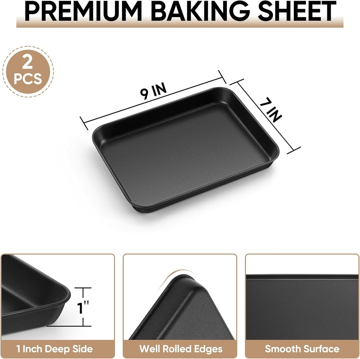 E-far Baking Sheet Set of 2, 9" x 7" x 1" Small Cookie Sheet Pan for Baking, Nonstick Carbon Steel Baking Trays for Toaster Oven, Heat-Resistant & Easy Clean, Black