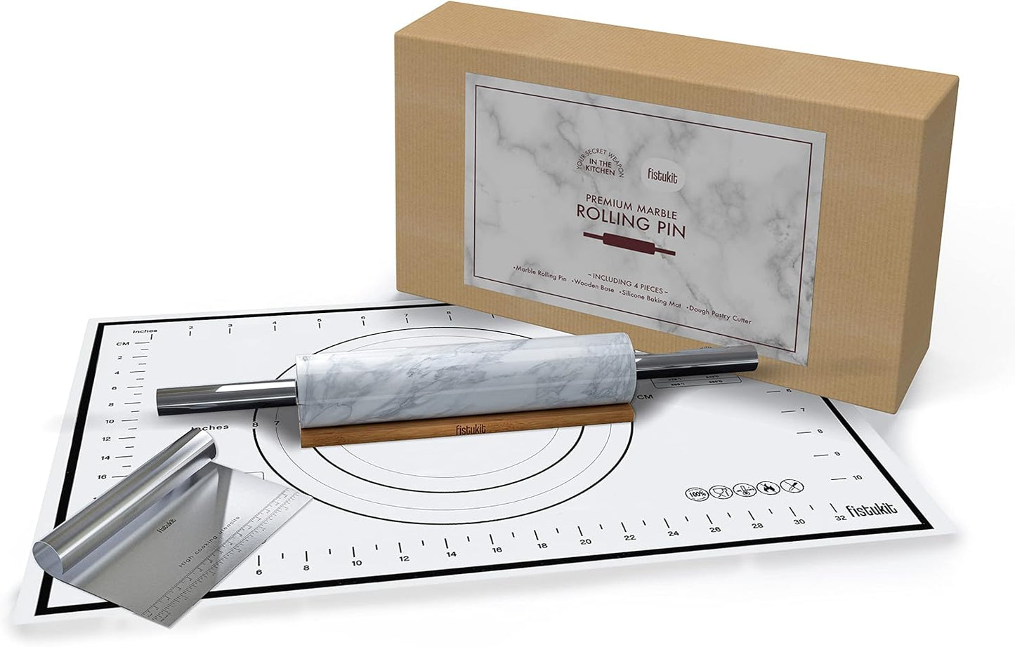 White Marble Rolling Pin with Stainless Steel Handles Baking Set - Silicone Baking Mat, Bench Scraper, Wooden Base