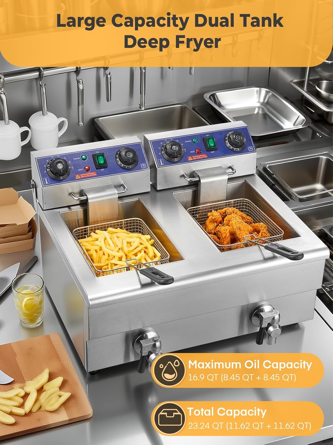 FOHERE Commercial Deep Fryer with Basket and Lid, 23.3Qt/22L Electric Deep Fryer with Oil Filtration, Time & Temp Control, 3000W Stainless Steel Deep Fryer Countertop for Kitchen Restaurant