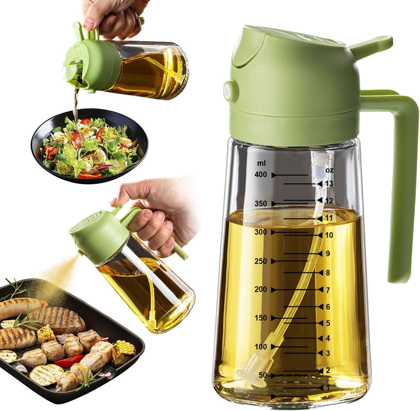 TrendPlain 16oz/470ml Glass Olive Oil Sprayer for Cooking – 2 in 1 Olive Oil Dispenser Bottle for Kitchen Gadgets and Air Fryer Accessories, Salad, BBQ - Green